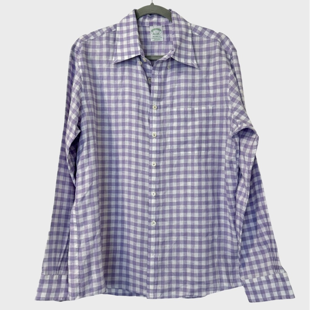 BROOKS BROTHERS Baird McNutt Milano Fit Irish Linen Button Plaid Shirt Size L